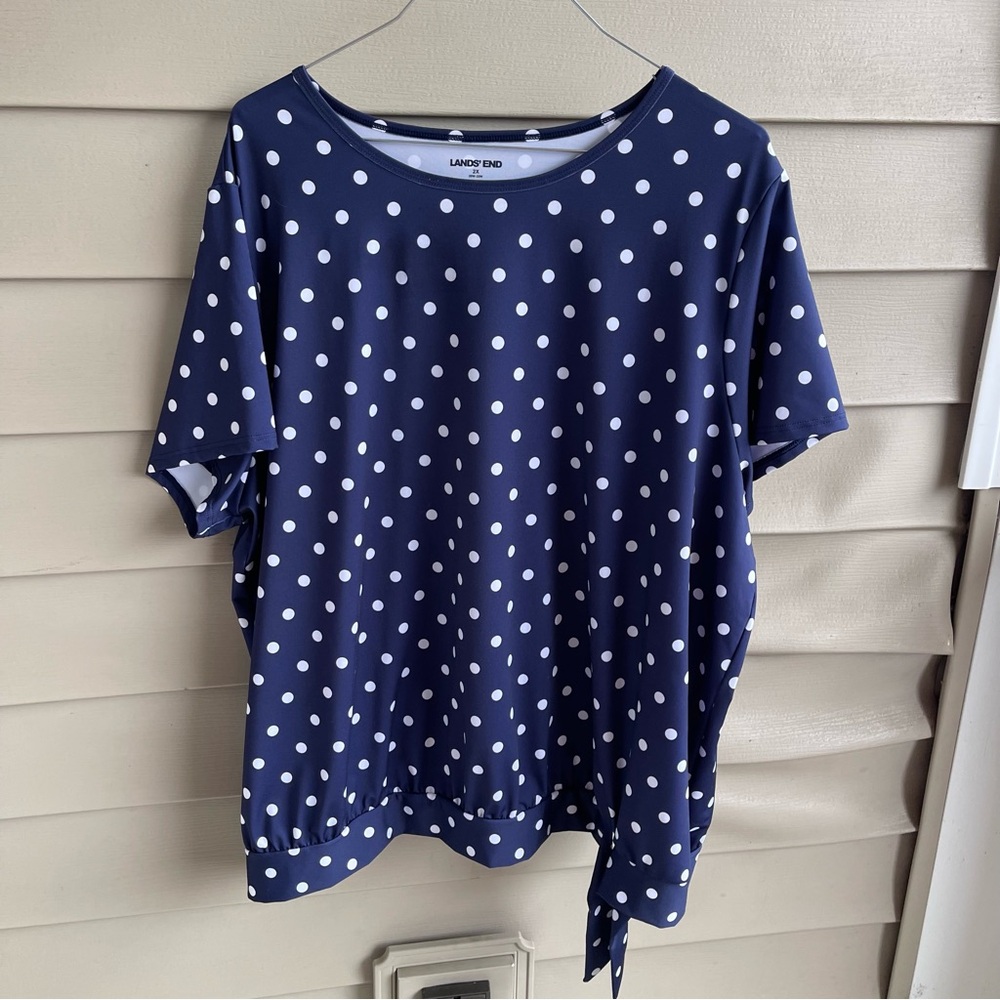 Lands' End Polka Dot Side tie Top Blouse Shirt Womens 2X Blue Polka Dot Career